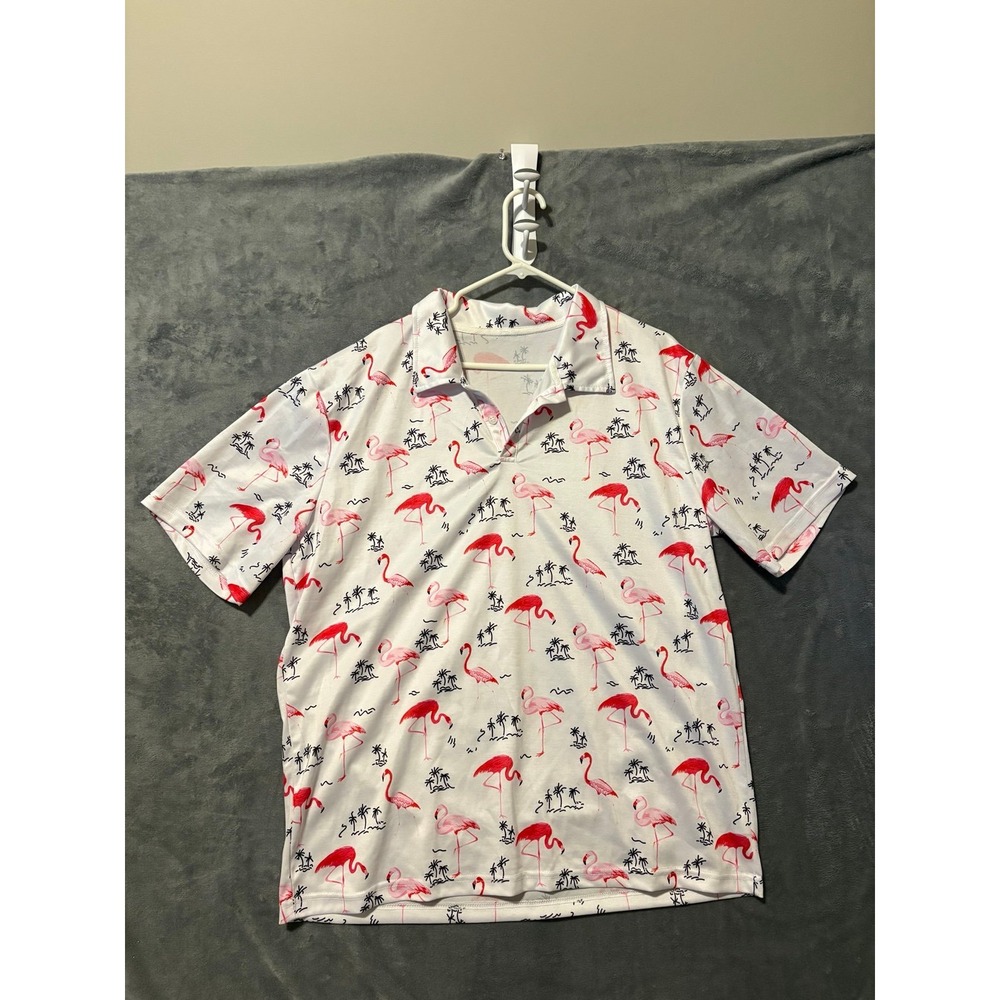 Flamingo Tropical Print Polo Shirt Mens XXL White Pink Palm Trees Short Sleeve
